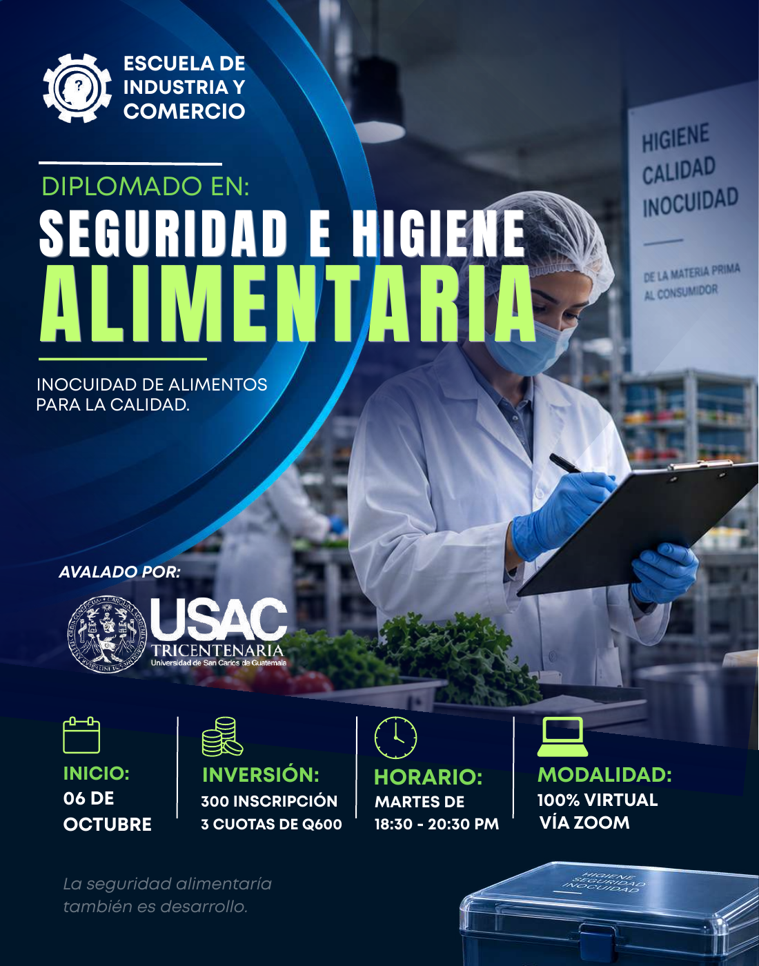 Portada azul y verde del brochure del Diplomado en Seguridad e Higiene Alimentaria