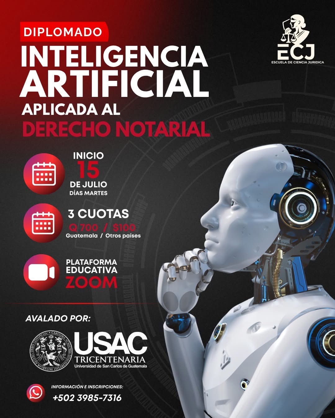 Arte rojo, blanco y negro del diplomado de IA aplicada al Derecho Notarial de ECJ