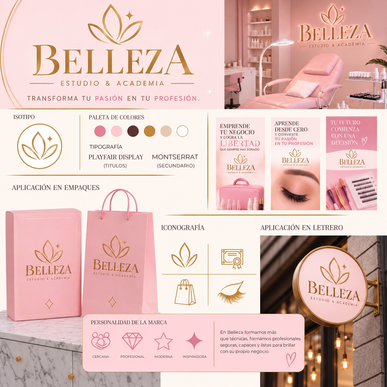 Presentación de identidad de Belleza Estudio y Academia con logotipo, colores, tipografías y aplicaciones