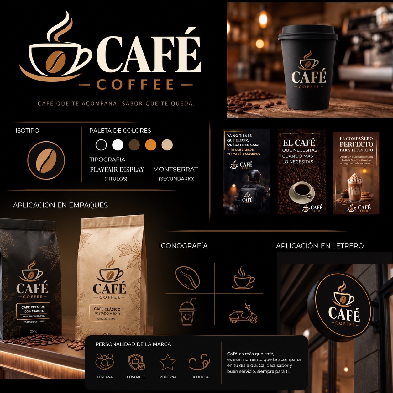 Presentación de identidad de Café con logotipo, paleta de colores, tipografías, empaques y letrero
